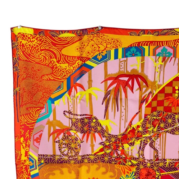 HERMES Orange & Multicolor 100% Silk Ex-Libris En Kimonos Pattern Scarf France - Picture 3 of 11